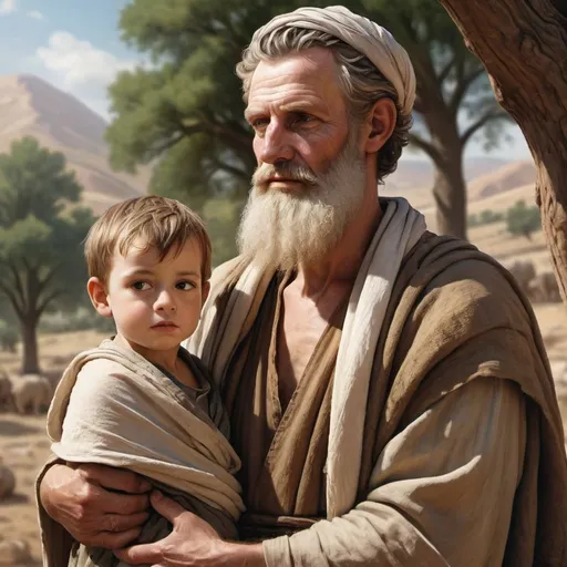 Prompt: Realistic depiction of Abraham with his young son  Isaac
