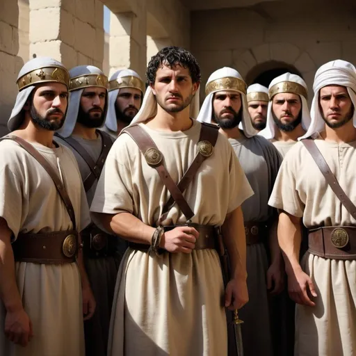 Prompt: A realistic depiction of Roman empire prison and guards
 Figures should wear bible clothing and be Middle Eastern







