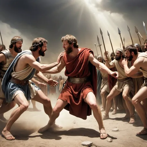 Prompt: Realistic looking image/photograph of the bible story: David Sparing the life of Saul







































