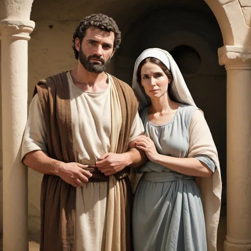 Prompt: realistic depiction of Biblical Joseph standing with his wife mary 