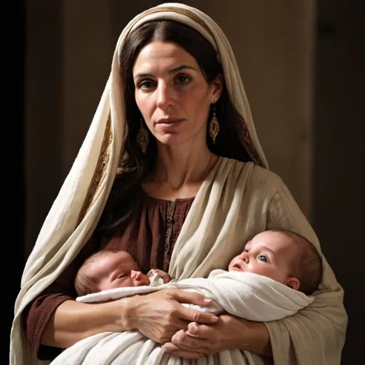 Prompt: Realistic depiction of an older Sarah (Abraham's Wife from the Bible)
 with her infant son Isaac. Mom and baby should be middle eastern


