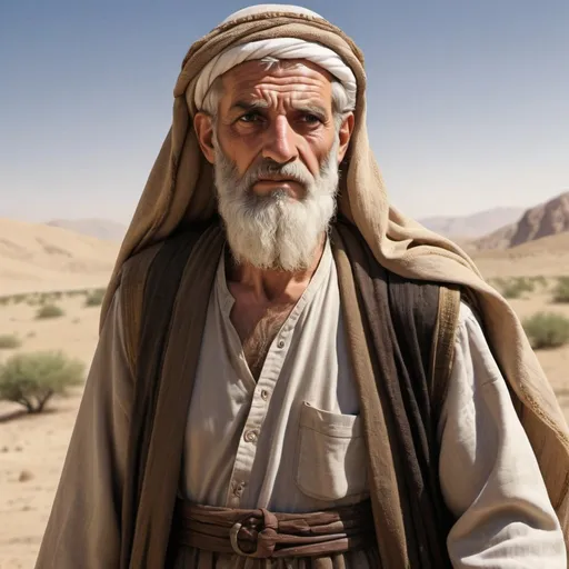 Prompt:  realistic depiction of Abraham from the bible  journeying from his homeland 
as an older middle eastern man
