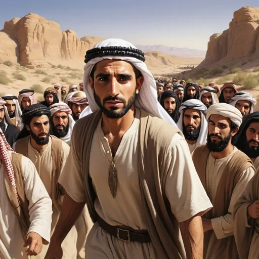 Prompt: Realistic depiction of Joshua ( a middle eastern man in his 30s) leading his people to the promiseland