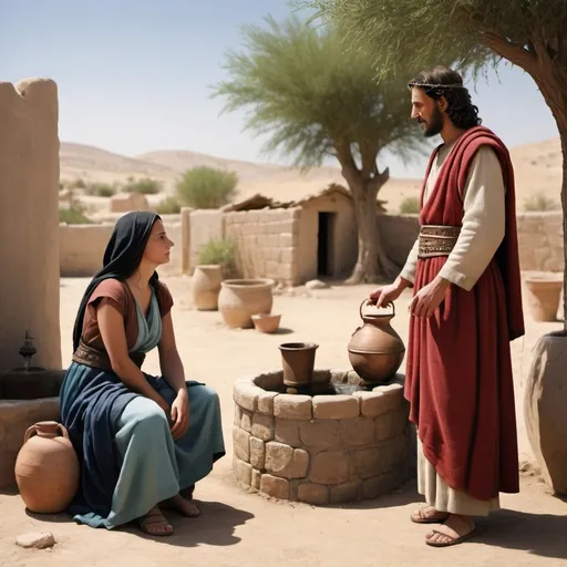 Prompt: Realistic looking image/photograph of the bible story: The Samaritan woman at the well having a conversation with a man- All figures should be middle-eastern looking, with appropriate skin tones







































