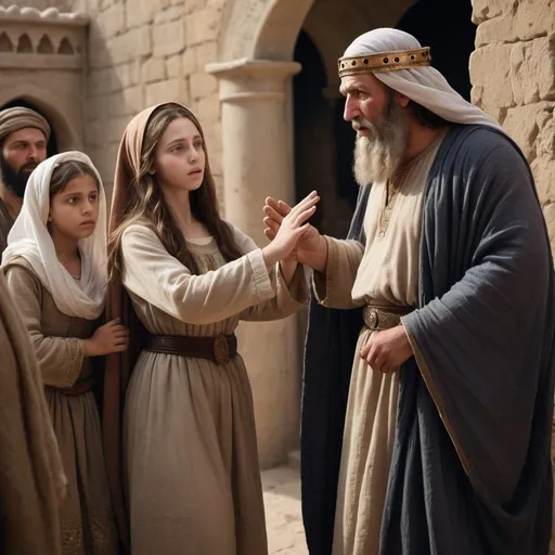 Prompt: Photograph style 
Realistic depiction of Abigail intervening for her family with King David
- figures should have a middle eastern complexion