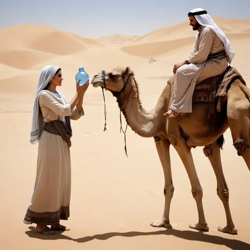 Prompt:  photograph style realistic image  of A Beautiful  middle eastern woman from bible times-Rachel offering water to a man's camels. Figures should be middle-eastern, there should be a well in the image






















































































