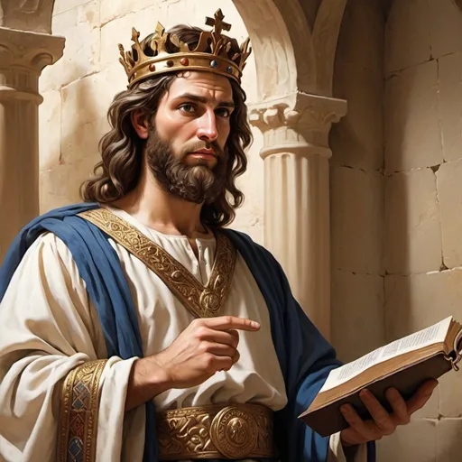 Prompt: Realistic depiction of Adult King David from the Bible using positive self-talk to gain confidence. David should be around the age of 35 and middle eastern



