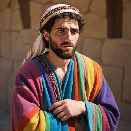 Prompt: Photograph-style image of  Joseph(from the Bible) wearing his coat of many color and forgiving his brothers
- people should look Middle Eastern and from bible times


