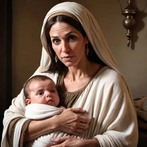 Prompt: Realistic depiction of an older Sarah (Abraham's Wife from the Bible)
 with her infant son Isaac. Mom and baby should be middle eastern







