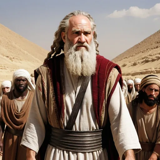 Prompt: Photograph-style image of  Moses (depicted as he would have actually looked in the bible) leading the Israelites out of Egypt








