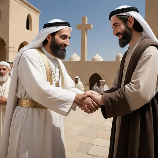 Prompt: Photograph style 
Realistic depiction  of Paul and Barnabas shaking hands or embracing in farewell, with a map in the background showing different paths they take. Show them surrounded by onlookers or fellow believers, indicating their mutual respect and support despite their disagreement. Include symbols of unity and mutual respect, such as clasped hands or a dove.
- figures should have a middle eastern complexion