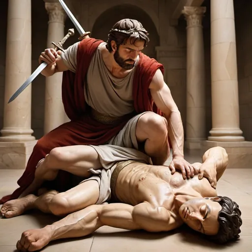 Prompt: Photograph style 
Realistic depiction of David standing over Saul, who is sleeping David is holding a sword but choosing not to harm Saul. Show David's conflicted expression, portraying his inner struggle between revenge and mercy. Figures should be clothed in bible times clothing
.
- figures should have a middle eastern complexion