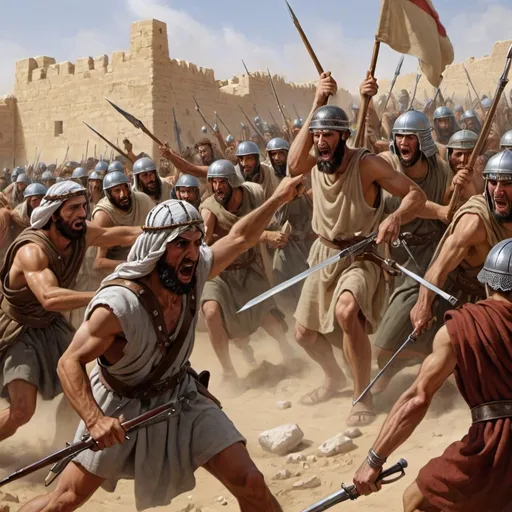 Prompt: Realistic Image-
Philistines at war with  Israelities- Bible times- All people middle-eastern











