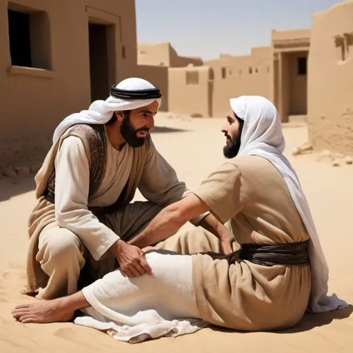 Prompt: Create an image to accompany the story of the good samaritan. Figures should be ethically diverse and represent the visual qualities of middle eastern people