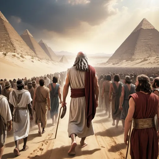 Prompt: Realistic depiction of Moses leading the Israelites out of Egypt- Make it look more like a photograph than an illustration

