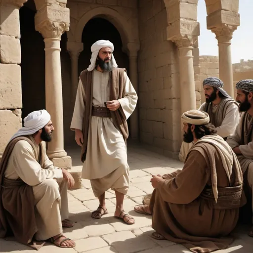 Prompt: Photograph style 
Realistic depiction Photograph style of Nehemiah resolving conflict with diplomacy

- figures should have a middle eastern complexionFigures should be clothed in bible times clothing
