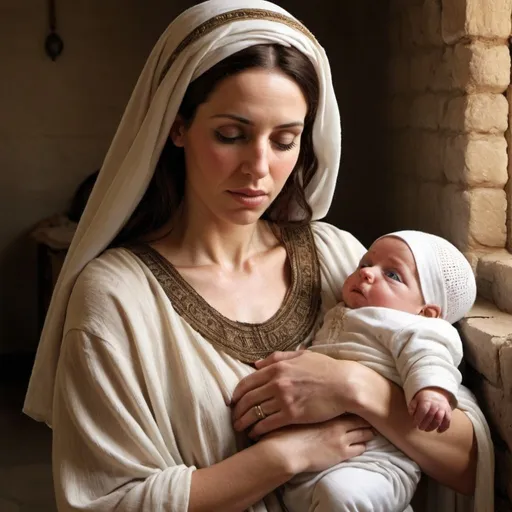 Prompt: Realistic depiction of Sarah (Abraham's Wife from the Bible)
 with her infant son Isaac. Mom and baby should be middle eastern
