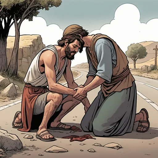 Prompt: Generate an image in a graphic novel
 style 
that depicts a traveler helping a wounded stranger on the roadside ( during bible times), reflecting the kindness and compassion shown in the story of the Good Samaritan.