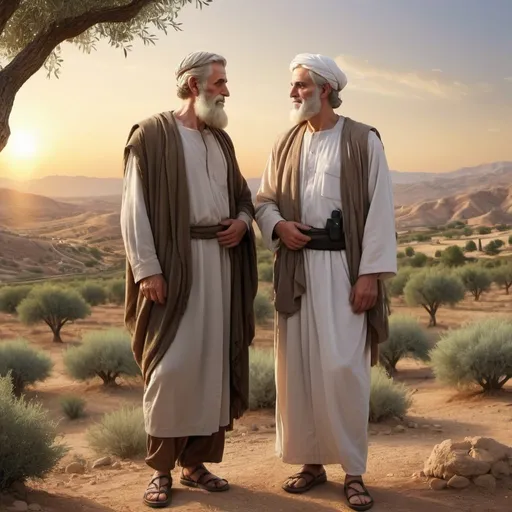 Prompt: Photograph style 
Realistic depiction  of  Abraham and Lot standing together, with Lot facing a lush, fertile land, and Abraham looking content despite the less desirable choice he is left with. Include symbols of humility and peace, such as an olive branch or a peaceful sunset.
- figures should have a middle eastern complexion