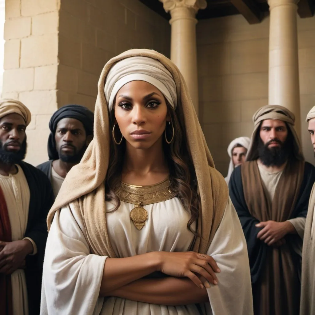 Prompt: Photograph style 
Realistic depiction of Tamar  from the bible seeking justice in court 9 from bible times) after being wronged by Judah's sons
- figures should have a middle eastern complexion