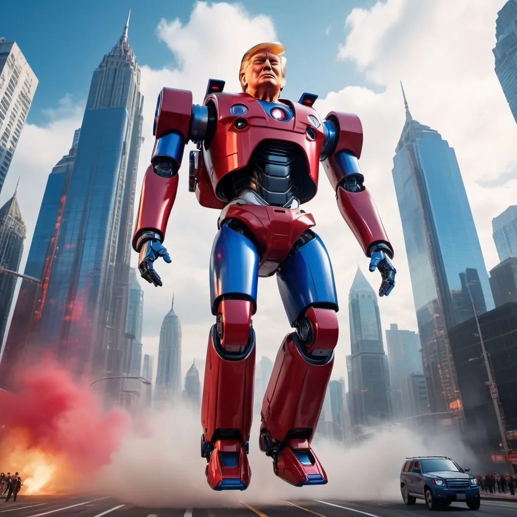 Prompt: Donald Trump wearing a giant robotic mechasuit painted red, white and blue, launching into the sky with his jetpack