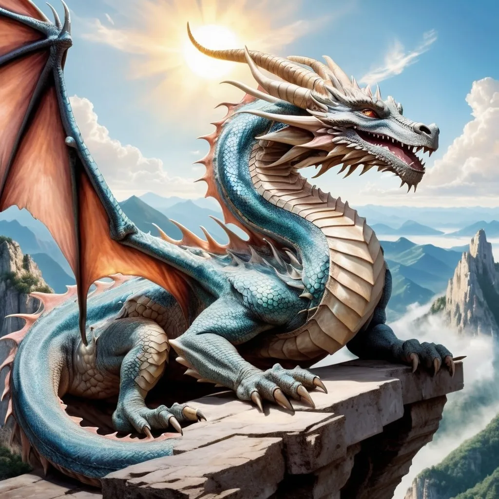 Prompt: Hyper realistic dragon laying on the ledge of a mountain, there is an opening in the mountain behind the dragon where he sleeps, blue sky with sun rays shining 