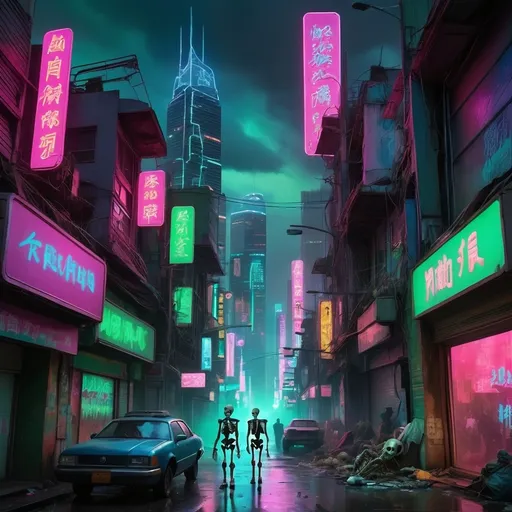 Prompt: A sprawling futuristic city bathed in vibrant neon lights, with towering skyscrapers and holographic advertisements glowing in shades of electric blue, pink, and green. The streets are deserted, except for an eerie presence—skeletal figures emerging from the shadows, marching through the city in ominous numbers. The skeletons are dressed in tattered clothing, some carrying old-world weapons, and their hollow eyes glow with an unnatural light. The city's once-bustling atmosphere is now silent, with only the neon lights flickering as the skeletons take control. The sky above is dark, with storm clouds swirling, adding to the ominous atmosphere