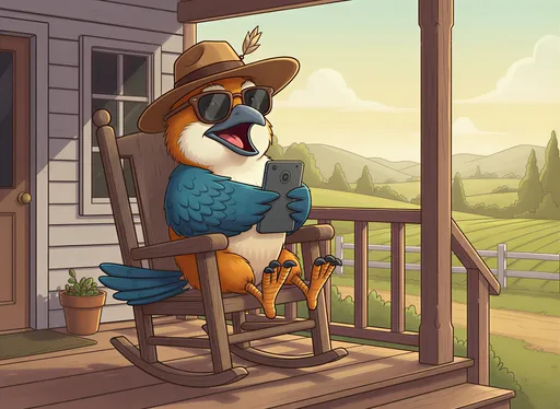 Prompt: @CsfSqYLnn6af56UZcjcP SCENE 1  BANNED
🎨 Image Prompt 1
Crikey the Kookaburra sitting on a old rocking chair on his front porch, farm and trees in background of cottage, scrolling angrily on his smartphone. Crikey looks annoyed and shocked, beak open mid-complaint. Warm indoor lighting, humorous tone, clean cartoon illustration, flat shading, expressive pose, simple background focused on character.remove the writing off the phone saying banned from community pagemake the phone grey with a camera on the back
