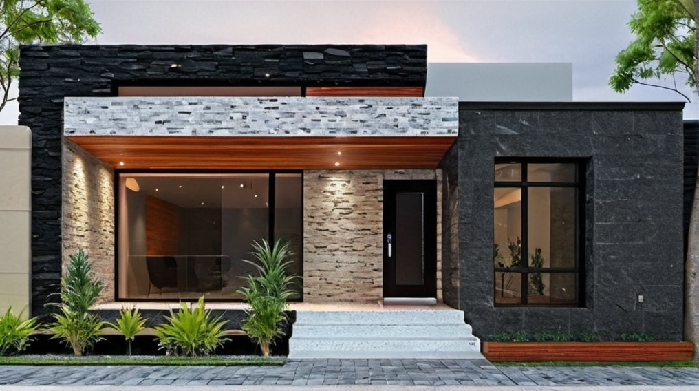 Prompt: Modern facade design, combining black stone material with white stone and brick 1floor