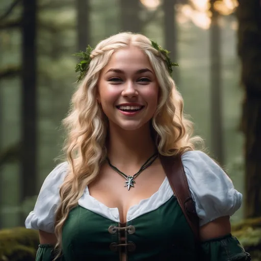 Prompt: fierce curvy grinning blonde elf barmaid, wild wavy hair, round face, looking up, blurry forest backdrop