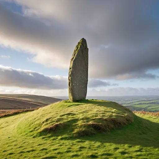Prompt: a single standing stone at the very top of a soft, round green hill. 