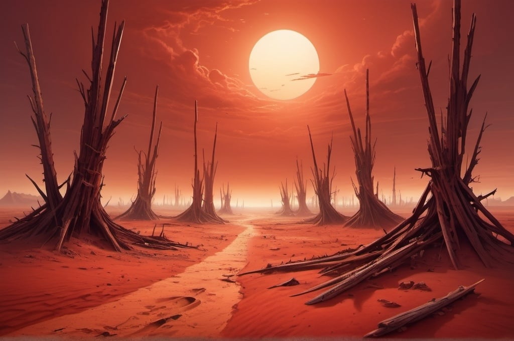 Prompt: Fantasy-style artwork of a red sand desert wasteland, destroyed wooden  masts, haunting atmosphere, high-quality, detailed fantasy, warm tones, intense sunlight, post-apocalyptic, mystical, eerie, detailed textures, surreal, atmospheric lighting, asymmetric, irregular 