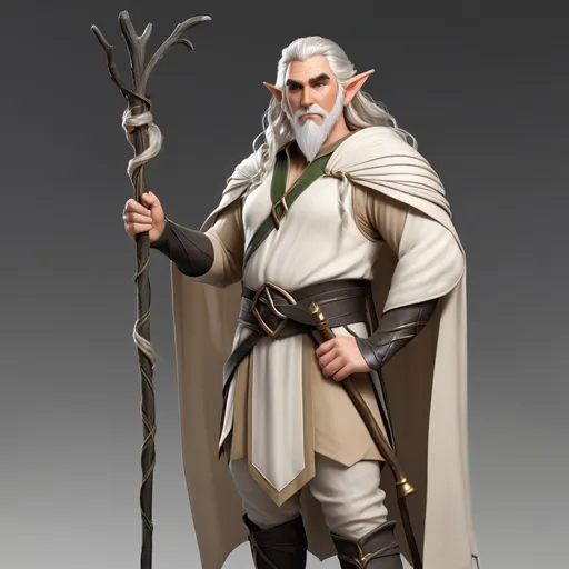 Prompt: aged male elf, elegant, sturdy, very relaxed, white tangled hair, simple beige tunic, holding a dark grey staff 