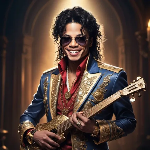 Prompt: Michael Jackson bard wearing sunglasses and grinning, fantasy art, detailed clothing with magical motifs, mystical musical instrument, high quality, professional, atmospheric lighting