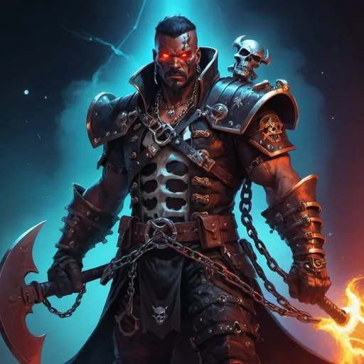 Prompt: An artist's vivid illustration of a space pirate captain with ravenger armor, an elextrified ax and a chain hook, standing tall and menacing with a glowing, brutal stare.