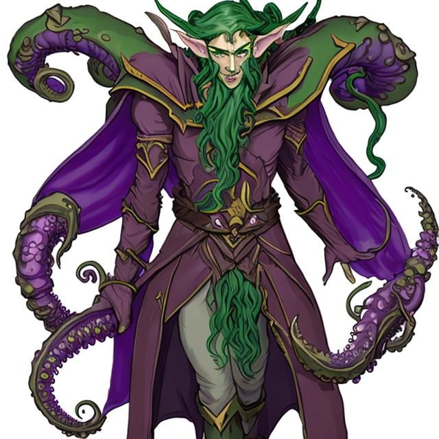 Prompt: a half-elf baron who has gone crazy and has a long purple tentacle in place f one arm