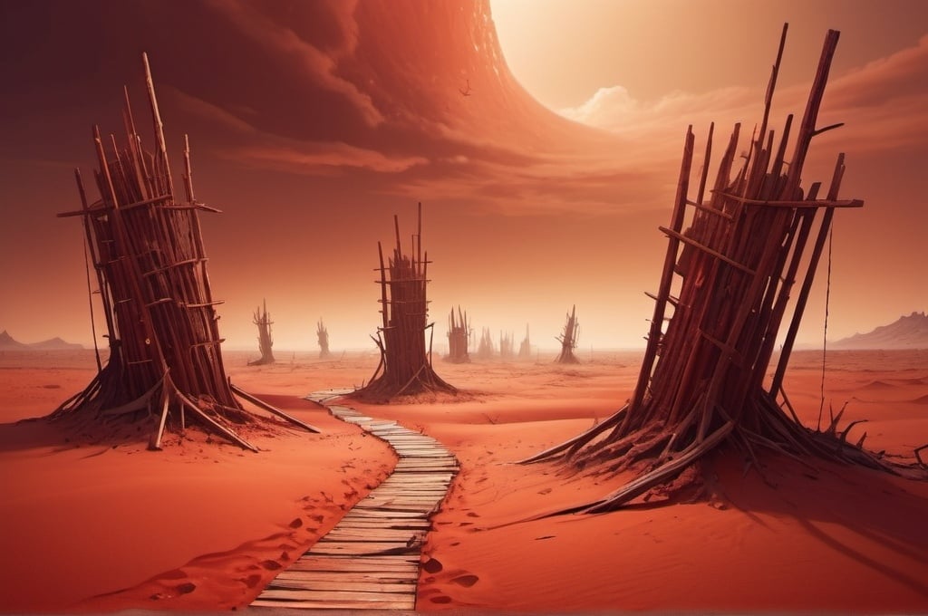 Prompt: Fantasy-style artwork of a red sand desert wasteland, destroyed wooden  masts, high-quality, detailed fantasy, warm tones, detailed textures, surreal, atmospheric lighting, asymmetric, irregular 