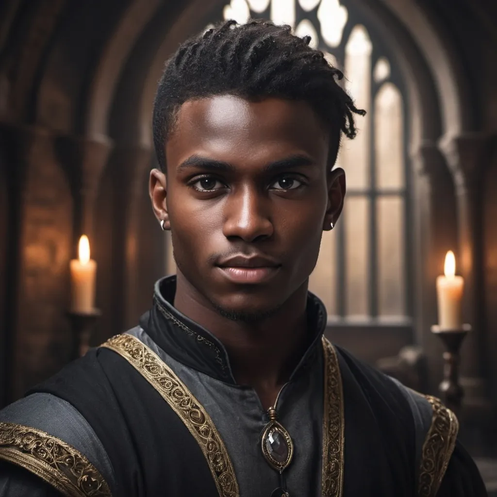 Prompt: 25-year-old charming young dark skinned male, fantasy character portrait, dark castle interior background