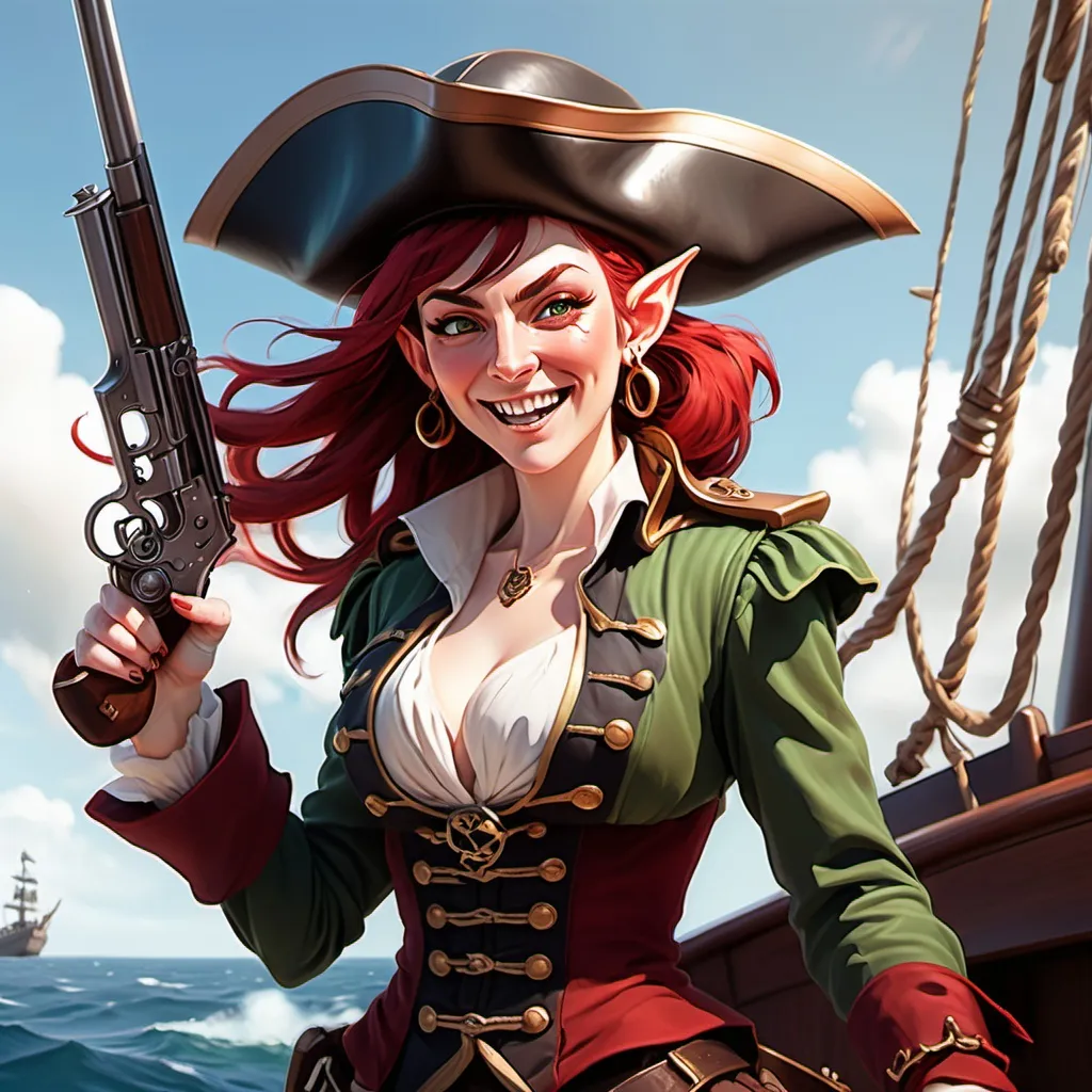 Prompt: create an anime style painting of a female elf pirate captain, with a wide, reckless grin. with fine pointy ears, and dark red hair flowing out from under her tricorn hat. she's holding up a historic gun in one hand while storming towards the viewer, with her long coat flowing behind her. on a ship with sunny sky in background. vivid colours, natural lighting