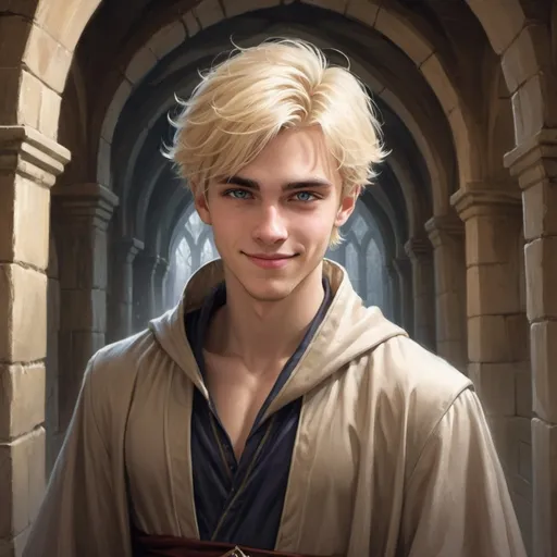 Prompt: fantasy art of a 25-year-old male in wizard robes, blonde hair, short hair, mischievous grin, background castle corridor