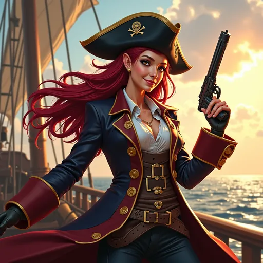 Prompt: create a fantasy style image of a female elf pirate captain, with a reckless grin, with dark red hair flowing out from under her tricorn hat. she's holding up a historic gun in one hand while storming towards the viewer, with her long coat flowing behind her. on a ship with sunny sky in background