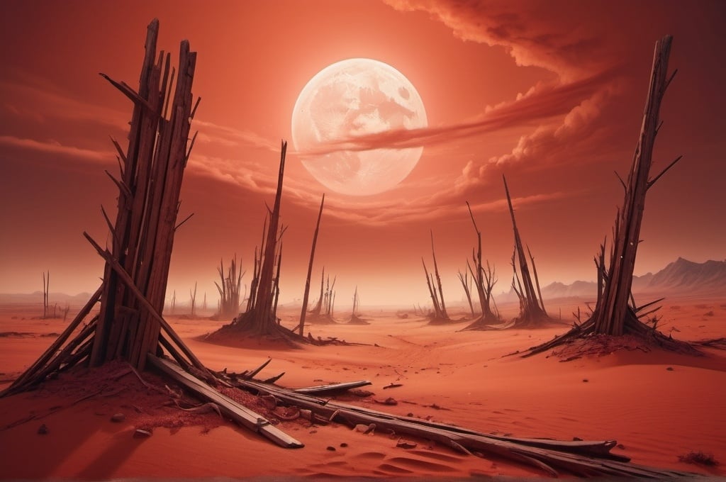 Prompt: Fantasy-style artwork of a red sand desert wasteland, destroyed wooden  masts, haunting atmosphere, high-quality, detailed fantasy, warm tones, detailed textures, surreal, atmospheric lighting, asymmetric, irregular 