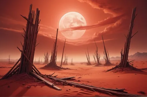 Prompt: Fantasy-style artwork of a red sand desert wasteland, destroyed wooden  masts, haunting atmosphere, high-quality, detailed fantasy, warm tones, detailed textures, surreal, atmospheric lighting, asymmetric, irregular 