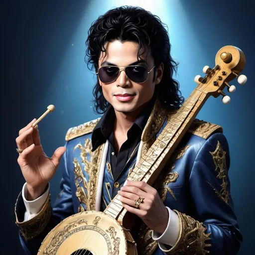 Prompt: Michael Jackson bard wearing sunglasses, fantasy art, detailed clothing with magical motifs, mystical musical instrument, high quality, professional, atmospheric lighting