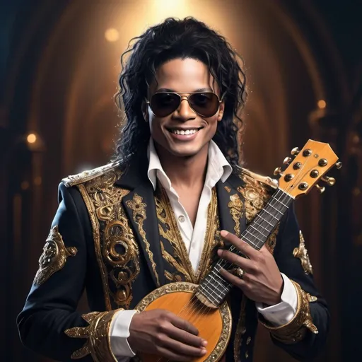 Prompt: Michael Jackson bard wearing sunglasses and grinning, fantasy art, detailed clothing with magical motifs, mystical musical instrument, high quality, professional, atmospheric lighting