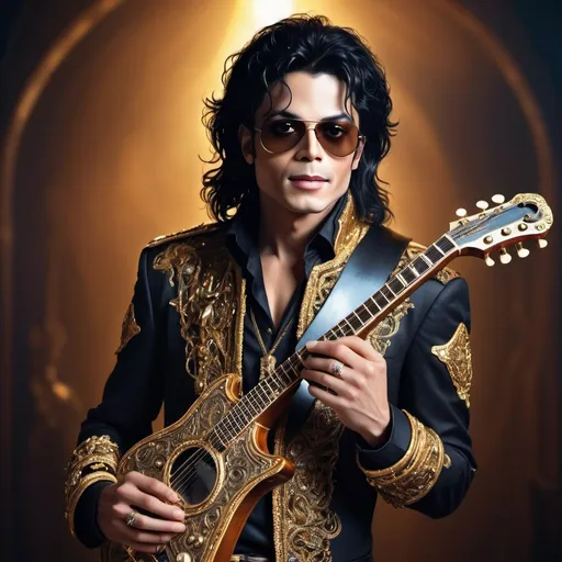 Prompt: Michael Jackson bard wearing sunglasses, fantasy art, detailed clothing with magical motifs, mystical musical instrument, high quality, professional, atmospheric lighting