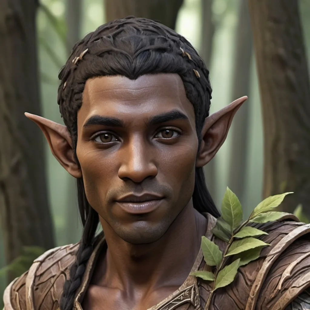 Prompt: male wood elf, dark brown skin, skin texture like tree bark