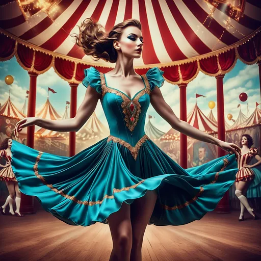 Prompt: a woman dancing at the circus chalcedony pilcrow circus, in the style of miss aniela, tapestry-like,  short dress, #vfxfriday, surrealistic distortion, book art installations, brian m. viveros, advertisement inspired, Caucasian traits, realistic makeup, opened corsage, brown hair, long hair, HD, digital photography