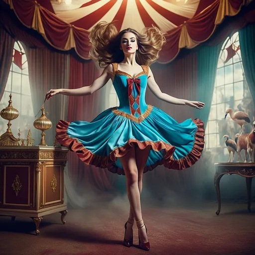 Prompt: a woman dancing at the circus chalcedony pilcrow circus, in the style of miss aniela, tapestry-like,  short dress, #vfxfriday, surrealistic distortion, book art installations, brian m. viveros, advertisement inspired, Caucasian traits, realistic makeup, opened corsage, brown hair, long hair, HD, digital photography