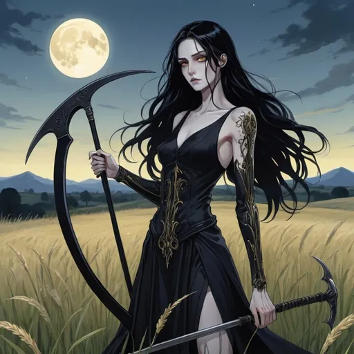 Prompt: Death as reincarnated into an attractive androgynous (but a little more feminine) human with long black hair and eyes that are black with golden irises; wearing black eyeliner styled in an way; holding a scythe. The human is standing in a field, in a grassy setting. The sky in slightly blue as it is nightime, the moonlight looks almost like silver. 